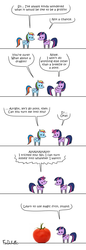 Size: 500x1447 | Tagged: safe, artist:foudubulbe, rainbow dash, twilight sparkle, alicorn, pegasus, pony, g4, character to character, clone, comic, dialogue, female, food transformation, inanimate tf, magic fail, mare, pointy ponies, pony to pony, speech bubble, spell gone wrong, tomato, transformation, twilight sparkle (alicorn), twinning