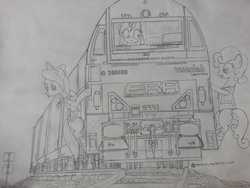 Size: 1200x900 | Tagged: safe, artist:orang111, carrot top, flitter, golden harvest, minuette, earth pony, pegasus, pony, unicorn, g4, conductor, g2000bb, locomotive, monochrome, railroad, shunter, switcher, traditional art, train, vossloh g2000bb