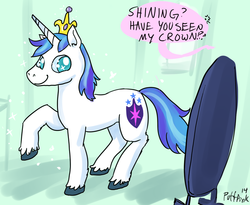 Size: 975x800 | Tagged: safe, artist:puffpink, princess cadance, shining armor, g4, accessory theft, crown, male, mirror, solo