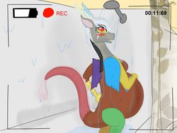 Size: 1280x960 | Tagged: safe, artist:theimmortalwolf, discord, g4, blushing, camera, camera shot, eris, huge eris, kicking, pregnant, rule 63, shower, signature, simple background, solo, story included