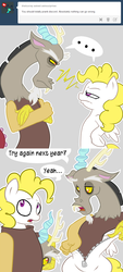 Size: 635x1403 | Tagged: safe, artist:strangerdanger, discord, surprise, draconequus, pegasus, pony, ask surprise, g1, g4, ..., april fools, ask, clothes, comic, costume, dialogue, discord suit, duo, duo male and female, female, g1 to g4, generation leap, glare, gray background, male, mare, pony costume, ponysuit, simple background, speech bubble, tumblr, undressing