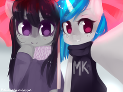 Size: 1280x960 | Tagged: safe, artist:marinakirby, dj pon-3, octavia melody, vinyl scratch, pony, g4, bipedal, blushing, clothes, female, lesbian, selfie, ship:scratchtavia, shipping, smiling