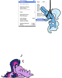 Size: 900x1132 | Tagged: safe, artist:egophiliac, trixie, twilight sparkle, alicorn, pony, unicorn, tumblr:inconvenient trixie, g4, crash, face down ass up, faceplant, feather, female, fourth wall, frown, harness, inconvenient trixie, mare, splat, spread wings, suspended, tumblr, twilight sparkle (alicorn), upside down, wide eyes, woonoggles