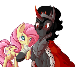 Size: 1500x1300 | Tagged: safe, artist:evehly, fluttershy, king sombra, g4, bandage, blushing, chest fluff, eye contact, female, first aid, hooves, injured, male, ship:sombrashy, shipping, straight, unshorn fetlocks