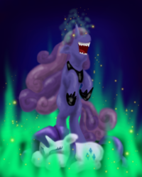 Size: 600x750 | Tagged: safe, artist:ladyjessien, rarity, sweetie belle, pony, unicorn, g4, abstract background, bipedal, covering face, crying, duo, duo female, evil, evil sweetie belle, eyes closed, eyeshadow, fangs, female, fire, floppy ears, here we go again, history repeats itself, hoof shoes, laughing, long mane, lying down, magic, makeup, mare, nightmare sweetie belle, open mouth, open smile, peytral, princess shoes, prone, rearing, sad, sharp teeth, sibling rivalry, siblings, sisters, smiling, standing, standing on two hooves, standing up, teeth