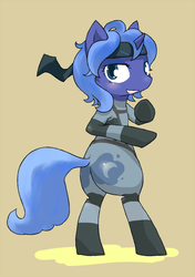 Size: 846x1200 | Tagged: safe, artist:toki, princess luna, semi-anthro, ask snake luna, g4, both cutie marks, butt, clothes, female, konami, metal gear, plot, s1 luna, simple background, sneaking suit, solid snake, solo