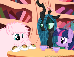 Size: 650x500 | Tagged: safe, artist:mixermike622, queen chrysalis, twilight sparkle, oc, oc:fluffle puff, tumblr:ask fluffle puff, g4, burger, hamburger, tea, teacup