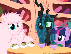 Size: 650x500 | Tagged: safe, artist:mixermike622, queen chrysalis, twilight sparkle, oc, oc:fluffle puff, tumblr:ask fluffle puff, g4, burger, hamburger, scrunchy face, tea, teacup