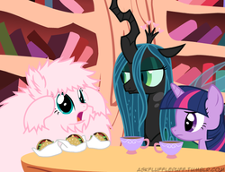 Size: 650x500 | Tagged: safe, artist:mixermike622, queen chrysalis, twilight sparkle, oc, oc:fluffle puff, tumblr:ask fluffle puff, g4, burger, hamburger, tea, teacup