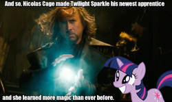 Size: 570x340 | Tagged: safe, twilight sparkle, g4, april fools, cagebooru, image macro, meme, nicolas cage, ponies in real life, the sorcerer's apprentice