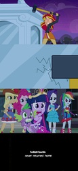 Size: 576x1250 | Tagged: safe, edit, screencap, applejack, pinkie pie, rainbow dash, rarity, spike, sunset shimmer, twilight sparkle, alicorn, equestria girls, g4, my little pony equestria girls, bad end, hammer, hammer time, mirror, nicolas cage, quantum leap (tv series), sam beckett, sledgehammer, twilight sparkle (alicorn)