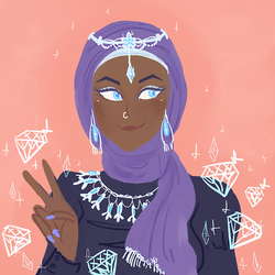 Size: 500x500 | Tagged: safe, artist:cr33pycrawly, rarity, human, g4, blushing, dark skin, diamond, ear piercing, earring, eyeshadow, female, hijab, humanized, islam, jewelry, makeup, nail polish, nose piercing, peace sign, piercing, pink background, simple background, smiling, solo, sparkles