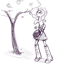 Size: 901x1000 | Tagged: safe, artist:illfric, applejack, mantis, mantis pony, reverse centaur, equestria girls, g4, apple, apple tree, centaurjack, clothes, equestria girls outfit, female, monochrome, solo, tree