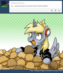 Size: 650x754 | Tagged: safe, artist:johnjoseco, derpy hooves, alicorn, pony, ask gaming princess luna, g4, april fools, comic, derpicorn, female, happy, headset, muffin, muffin queen, open mouth, race swap, smiling, solo, spread wings, tumblr, wide eyes