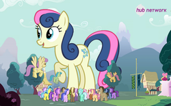 Size: 542x337 | Tagged: safe, screencap, amethyst star, blue diamond, bon bon, bottlecap (g4), dizzy twister, doctor whooves, eiffel, flounder (g4), fuchsia fizz, lavenderhoof, lemon hearts, lyra heartstrings, oakey doke, orange swirl, parasol, pear seed, sandstorm (g4), sea swirl, seafoam, sparkler, sweetie drops, time turner, welch, earth pony, pegasus, pony, unicorn, g4, april fools, attack on bon bon, attack on pony, big bon, giant bon bon (sweetie drops), giant pony, giant/macro earth pony, giantess, hub network, macro, my biggest pony, the hub