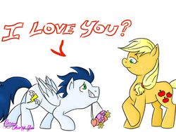 Size: 1024x768 | Tagged: safe, artist:tomcolt15, applejack, soarin', g4, backwards cutie mark, cute, dialogue, female, flower, flower in mouth, hatless, male, missing accessory, mouth hold, nervous, old cutie mark, ship:soarinjack, shipping, signature, smiling, straight