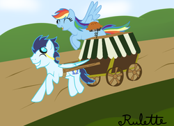 Size: 1024x744 | Tagged: safe, artist:rainbow-deathblow, artist:rulette, rainbow dash, soarin', g4, cart, eyes closed, female, flying, goggles, male, pie, running, ship:soarindash, shipping, smiling, stealing, straight