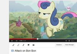 Size: 651x456 | Tagged: safe, screencap, bon bon, sweetie drops, earth pony, pony, g4, april fools, attack on bon bon, attack on pony, attack on titan, big bon, giant bon bon (sweetie drops), giant pony, giantess, hub logo, hub network, macro, mega bon bon, my biggest pony, the hub, youtube