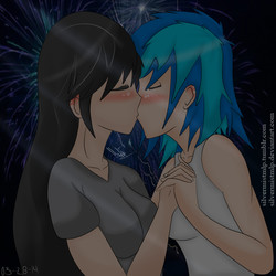 Size: 1500x1500 | Tagged: safe, artist:silvermistmlp, dj pon-3, octavia melody, vinyl scratch, human, g4, blushing, duo, female, fireworks, holding hands, humanized, kiss on the lips, kissing, lesbian, ship:scratchtavia, shipping