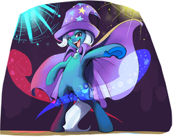 Size: 1835x1450 | Tagged: safe, artist:idrawweeklypony, trixie, pony, g4, adventure in the comments, bipedal, featured image, female, fireworks, hooves, horseshoes, smiling, solo, stage, underhoof
