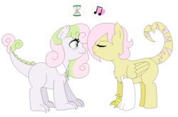 Size: 1332x876 | Tagged: safe, artist:unoriginai, oc, oc only, oc:allegro, oc:unnatural, chimera, dracony, hybrid, cute, female, hourglass, imminent kissing, interspecies offspring, kissy face, lesbian, love, music notes, oc x oc, offspring, offspring shipping, parent:discord, parent:fluttershy, parent:spike, parent:sweetie belle, parents:discoshy, parents:spikebelle, shipping, speech bubble, young