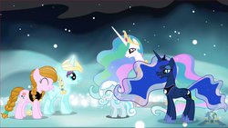 Size: 1191x670 | Tagged: safe, artist:ppcnearthanimation, princess celestia, princess luna, oc, oc:snowdrop, alicorn, earth pony, pegasus, pony, unicorn, g4, anna, ascension realm, elsa, eyes closed, eyeshadow, female, filly, foal, frozen (movie), makeup, mare, pegasus oc, ponified, princess celestia's special princess making dimension, royal sisters, sisters, wings