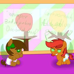 Size: 1280x1280 | Tagged: safe, artist:emerald rush, oc, oc only, oc:emerald rush, oc:sundried tomato, pegasus, pony, baby, diaper, foal, nursery, pegaling, smelly
