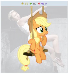 Size: 255x277 | Tagged: safe, artist:masem, applejack, derpibooru, g4, april fools, cagebooru, exploitable meme, juxtaposition, juxtaposition win, meme, meta, miley cyrus, nicolas cage, swinging