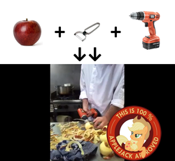 Size: 850x779 | Tagged: safe, applejack, g4, 100% applejack approved, apple, drill, potato peeler, seal of approval, video, youtube