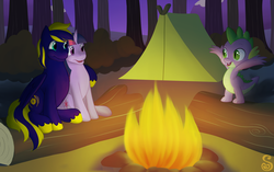 Size: 3500x2200 | Tagged: safe, artist:shrineheart, spike, twilight sparkle, oc, oc:zephyr, g4, campfire, camping, canon x oc, forest, high res, log, tent, trio