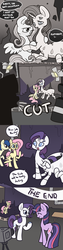 Size: 700x2800 | Tagged: safe, artist:otterlore, powder rouge, rarity, twilight sparkle, drider, monster pony, original species, spider, spiderpony, g4, april fools, camera, clothes, comic, costume, film set, species swap, spiderponyrarity, the end, tumblr, what a twist