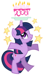 Size: 2000x3286 | Tagged: safe, artist:cloudy glow, twilight sparkle, pony, unicorn, g4, balancing, bipedal, cake, female, food, high res, mare, simple background, solo, stars, transparent background, unicorn twilight