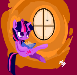 Size: 671x648 | Tagged: dead source, safe, artist:yuji8sushi, twilight sparkle, pony, spider, unicorn, g4, book, female, solo, window