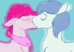 Size: 771x546 | Tagged: safe, artist:cottonsulk, oc, oc only, oc:raspberry scents, oc:softlight, pony, blushing, duo, ears back, eyes closed, gay, kiss on the lips, kissing, male, shipping