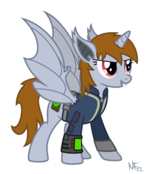 Size: 816x978 | Tagged: safe, artist:mrlolcats17, oc, oc only, oc:littlepip, bat pony, bat pony alicorn, pony, fallout equestria, g4, clothes, cutie mark, fanfic, fanfic art, fangs, female, hooves, horn, jumpsuit, mare, open mouth, pipboy, pipbuck, race swap, show accurate, simple background, solo, transparent background, vault suit