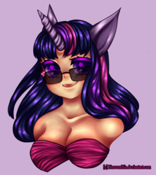 Size: 596x672 | Tagged: safe, artist:nervousnia, twilight sparkle, human, g4, bust, cleavage, colored pupils, eared humanization, female, horn, horned humanization, humanized, solo, sunglasses