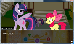 Size: 976x578 | Tagged: safe, screencap, apple bloom, twilight sparkle, my little investigations, g4, objection, parody