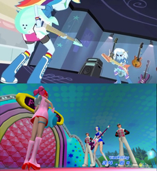 Size: 522x568 | Tagged: safe, rainbow dash, trixie, equestria girls, g4, guitar centered, my little pony equestria girls: rainbow rocks, bass battle, guitar, meme, space channel 5, ulala