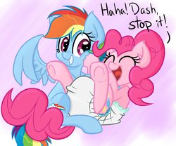 Size: 1280x1067 | Tagged: safe, artist:skitter, pinkie pie, rainbow dash, pegasus, pony, g4, cute, diaper, diaper fetish, duo, female, mare, non-baby in diaper, poofy diaper, tickling, underhoof