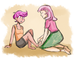 Size: 1000x793 | Tagged: safe, artist:php52, cheerilee, scootaloo, human, g4, anklet, barefoot, blushing, bracelet, clothes, duo, eyes closed, feet, female, foot fetish, humanized, kneeling, open mouth, sitting, skirt, smiling, wide eyes