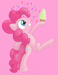 Size: 1119x1451 | Tagged: safe, artist:springveil, pinkie pie, earth pony, pony, g4, bipedal, confetti, cupcake, female, food, solo