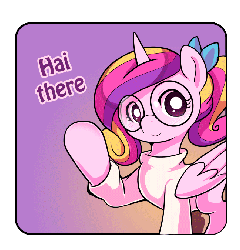 Size: 650x676 | Tagged: safe, artist:ende26, princess cadance, shining armor, twilight sparkle, ask high school cadance, g4, :t, animated, clothes, dialogue, filly, filly twilight sparkle, followers, glasses, grin, happy, heart, hug, looking at you, nervous, open mouth, scrunchy face, smiling, sweater, waving