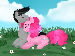 Size: 1024x768 | Tagged: safe, artist:pastelflakes, pinkie pie, g4, crossover, crossover shipping, dan, dan pie, dan vs, female, flower, male, neck nuzzle, nuzzling, ponified, shipping, straight
