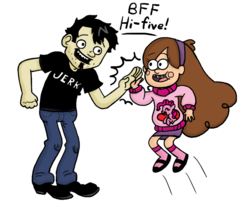 Size: 1024x851 | Tagged: safe, artist:inkrose98, pinkie pie, human, g4, crossover, dan, dan vs, gravity falls, heart, high five, mabel pines, male