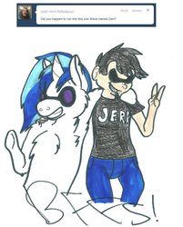 Size: 802x997 | Tagged: safe, artist:aurastar-taijiya, dj pon-3, vinyl scratch, human, g4, crossover, dan, dan vs, peace sign, smiling, sunglasses, traditional art