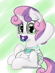 Size: 960x1280 | Tagged: safe, artist:skitter, sweetie belle, g4, baby, diaper, female, pacifier, poofy diaper, solo, waving