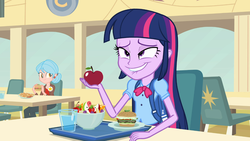 Size: 1366x768 | Tagged: safe, screencap, twilight sparkle, equestria girls, g4, my little pony equestria girls, animation error, apple, background human, cafeteria, face, lip bite