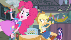 Size: 1366x768 | Tagged: safe, screencap, applejack, pinkie pie, spike, twilight sparkle, dog, human, equestria girls, g4, my little pony equestria girls, apple cider, basketball net, clothes, cutie mark on clothes, disco ball, legs together, pink skirt