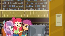 Size: 1366x768 | Tagged: safe, screencap, apple bloom, scootaloo, sweetie belle, equestria girls, g4, cutie mark crusaders