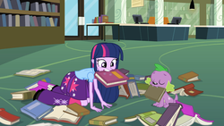 Size: 1366x768 | Tagged: safe, screencap, spike, twilight sparkle, equestria girls, g4, book